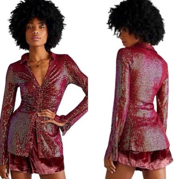 NWT Free People Sequin Shirtee Top Dark Rhubarb red size XS - Picture 3 of 8